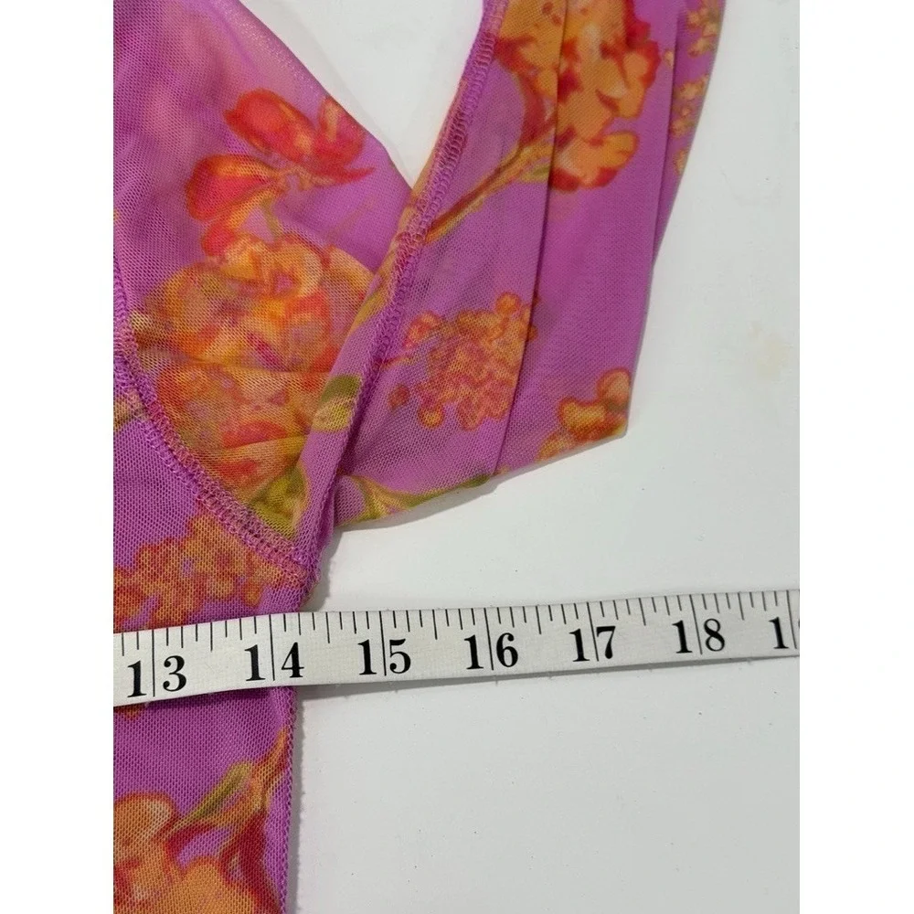 Free People Top Floral Mesh Long Sleeve Pink Orange Sheer Stretch S Fairy Boho